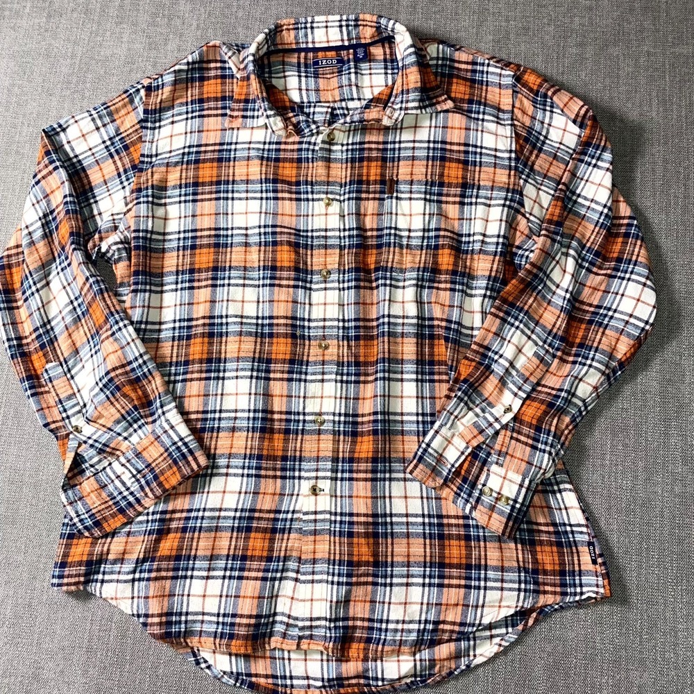 IZOD Flannel Shirt Mens XL Multicolor Buffalo Plaid Pleated Casual Button Up